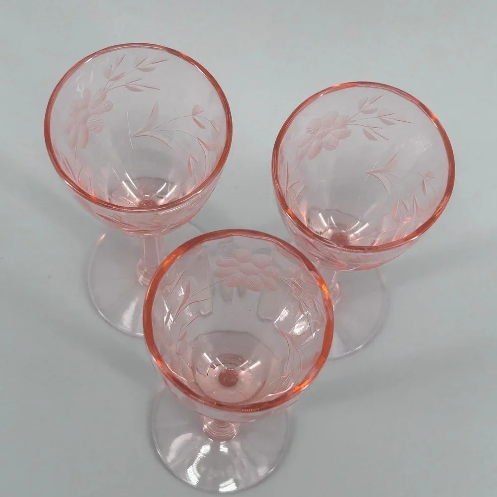 VTG Pink Depression Glass Etched Floral Wine Cordial Shot Set of 3 Stemware 5